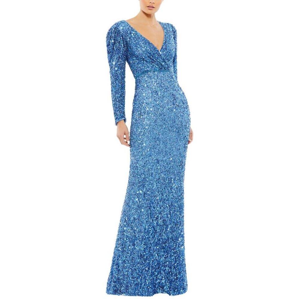 Mac Duggal Womens Sequin V-Neck Puff Long Sleeve A-Line Gown